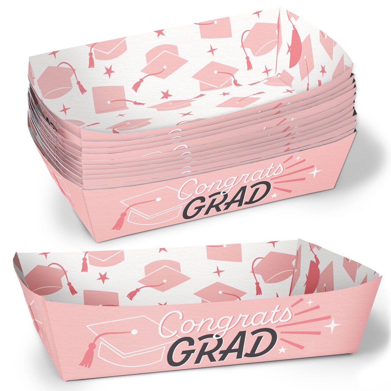 Big Dot of Happiness Pink Graduation Paper Food Trays, Disposable Food Boats for Congrats Grad Party, Double-Sided Paper Meal Holders - 12 Ct
